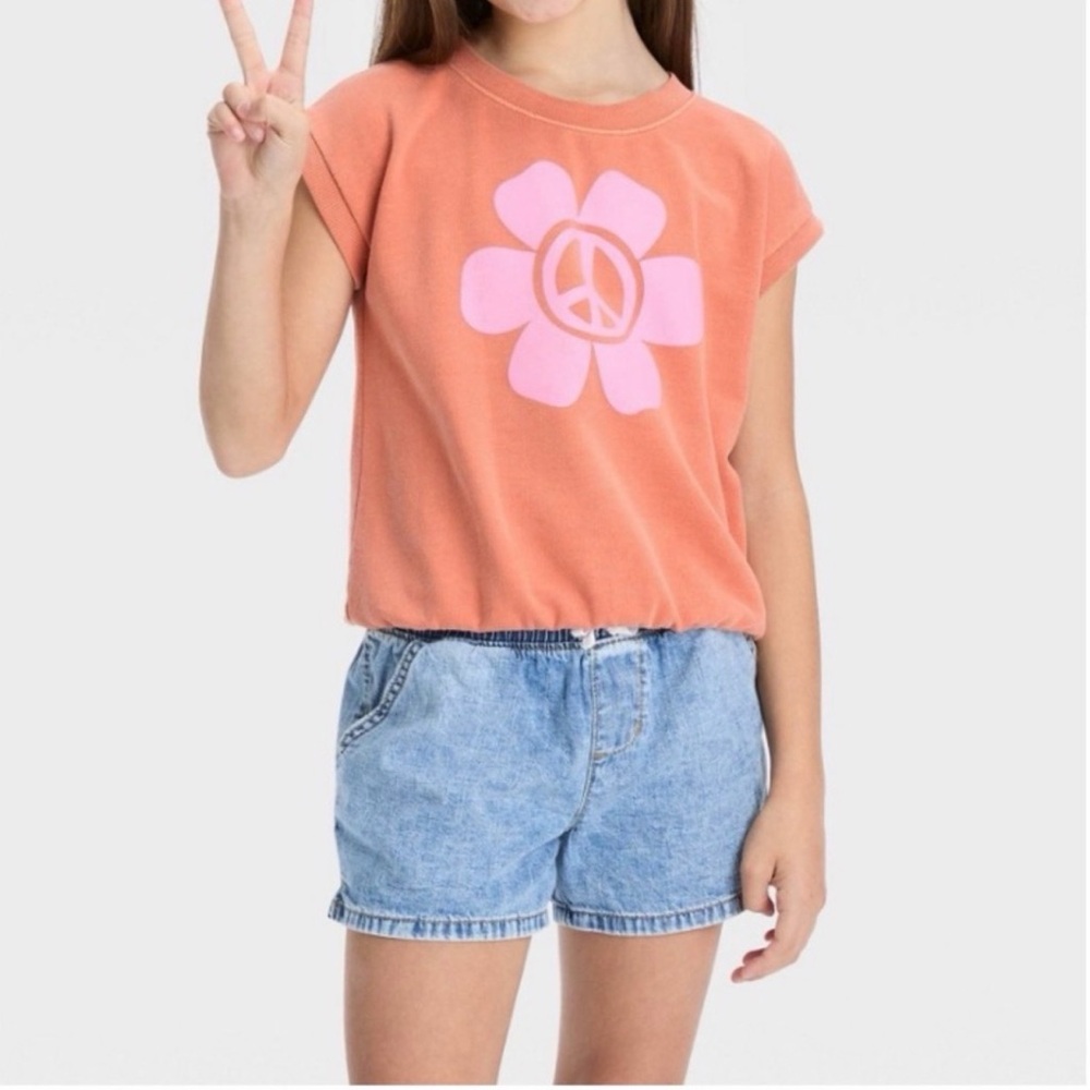 Cat & Jack Kids Orange Rusty Peace Sign Flower T-Shirt Size XS (4/5)
